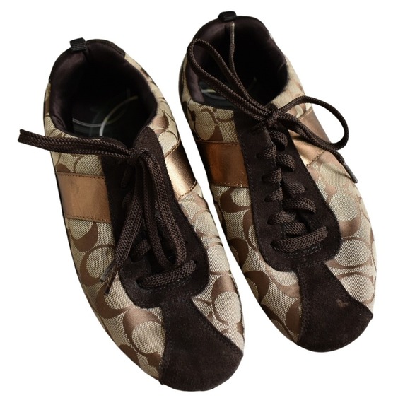 Coach Hadley Signature Canvas Brown Tan Gold Trim Lace Up Sneakers Shoes 8M - Picture 1 of 6